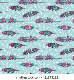 Beautiful hand drawn vector illustration feathers. Feathers seamless pattern.