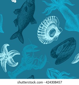 Beautiful hand drawn vector illustration sea food. Sea food engraving  style. Seafood seamless pattern.