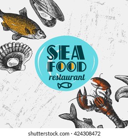 Beautiful hand drawn vector illustration sea food. Sea food engraving  style. Seafood menu.