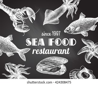 Beautiful hand drawn vector illustration sea food. Sea food engraving  style. Seafood menu.