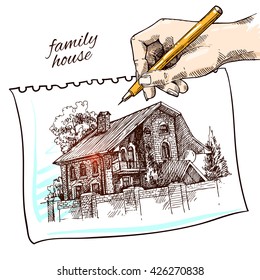 Beautiful hand drawn vector illustration country house. Sketch style house. Sketch house for your design.