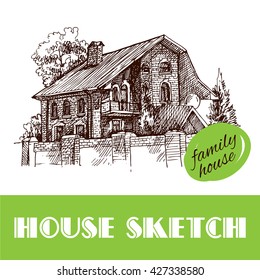 Beautiful hand drawn vector illustration country house. Sketch style house. Sketch house for your design.