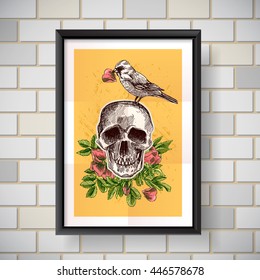 Beautiful hand drawn vector  illustration bird and skull. Boho style drawing. Use for t-shirts, print, poster, postcard, wedding invitations.