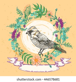 Beautiful hand drawn vector  illustration bird and flowers. Boho style drawing. Use for t-shirts, print, poster, postcard, wedding invitations.