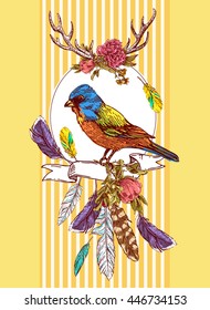 Beautiful hand drawn vector  illustration bird and flowers. Boho style drawing. Use for t-shirts, print, poster, postcard, wedding invitations.
