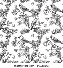 Beautiful hand drawn vector  illustration bird and flowers. Boho style seamless pattern. Use for t-shirts, print, poster, postcard, wedding invitations.