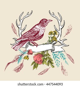 Beautiful hand drawn vector  illustration bird and flowers. Boho style drawing. Use for t-shirts, print, poster, postcard, wedding invitations.