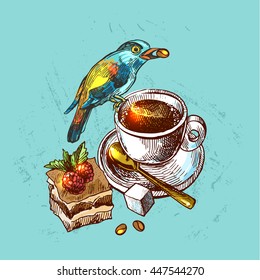 Beautiful hand drawn vector  illustration bird and cap of coffee. Boho style drawing. Use for t-shirts, print, poster, postcard, wedding invitations.