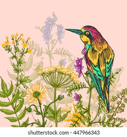 Beautiful hand drawn vector  illustration bird and flowers. Boho style drawing. Use for t-shirts, print, poster, postcard, wedding invitations.