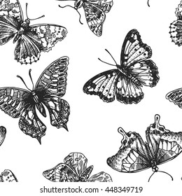 Beautiful hand drawn vector illustration sketching of butterflies. Boho style seamless pattern. Use for postcards, print for t-shirts, posters, wedding invitation, tissue, linens