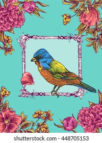 Beautiful hand drawn vector  illustration bird and flowers. Boho style drawing. Use for t-shirts, print, poster, postcard, wedding invitations.