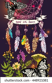 Beautiful hand drawn vector illustration sketching of dreamcatcher and wildflowers. Boho style drawing. Use for postcards, print for t-shirts, posters, wedding invitation.