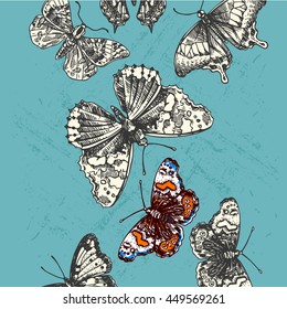 Beautiful hand drawn vector illustration sketching of butterflies. Boho style drawing. Use for postcards, print for t-shirts, posters, wedding invitation, tissue, linens