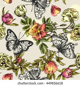 Beautiful hand drawn vector illustration sketching of butterflies and flowers. Boho style poster. Enjoy little things. Use for postcards, print for t-shirts, posters.
