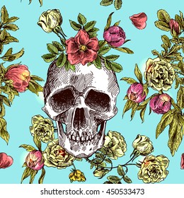 Beautiful hand drawn vector illustration sketching of skull and flowers. Boho style seamless pattern. Use for postcards, print for t-shirts, posters, wedding invitation, tissue, linens