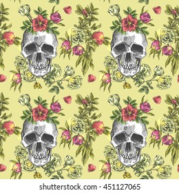 Beautiful hand drawn vector illustration sketching of skull and flowers. Boho style seamless pattern. Use for postcards, print for t-shirts, posters, wedding invitation, tissue, linens