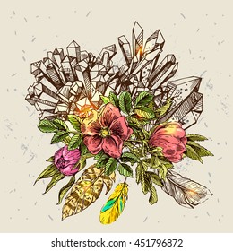 Beautiful hand drawn vector illustration sketching of flowers, crystals and feathers. Boho style drawing. Use for postcards, print for t-shirts, posters, wedding invitation, tissue.
