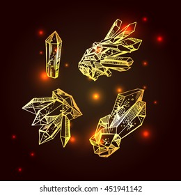 Beautiful hand drawn vector illustration sketching of golden crystals. Boho style drawing. Use for postcards, print for t-shirts, posters, wedding invitation, tissue, linens