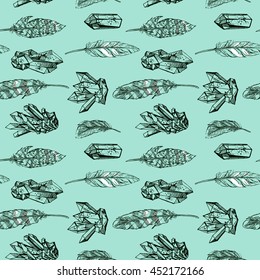 Beautiful hand drawn vector illustration sketching of crystals and feathers. Boho style seamless pattern. Use for postcards, print for t-shirts, posters, wedding invitation, tissue, linens
