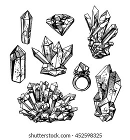 Beautiful hand drawn vector illustration sketching of crystals. Boho style drawing. Use for postcards, print for t-shirts, posters, wedding invitation, tissue, linens