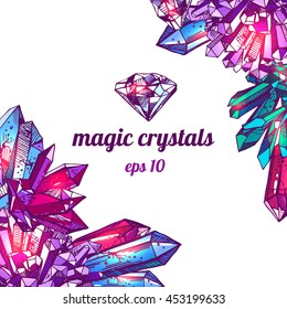 Beautiful hand drawn vector illustration sketching of crystals. Boho style drawing. Use for postcards, print for t-shirts, posters, wedding invitation, tissue, linens