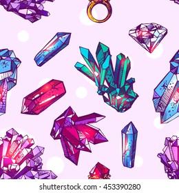 Beautiful hand drawn vector illustration sketching of crystals. Boho style seamless pattern. Use for postcards, print for t-shirts, posters, wedding invitation, tissue, linens