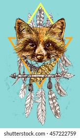 Beautiful hand drawn vector illustration sketching of fox. Tattoo style drawing. Use for postcards, print for t-shirts, posters.