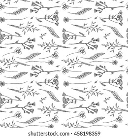 Beautiful hand drawn vector illustration sketching of wildflowers. Boho style floral seamless pattern. Use for postcards, print for t-shirts, posters, wedding invitation, tissue, linens