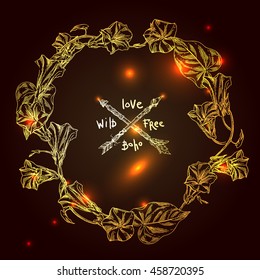 Beautiful hand drawn vector illustration sketching of gold wildflowers. Boho style floral drawing. Use for postcards, print for t-shirts, posters, wedding invitation, tissue, linens