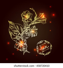 Beautiful hand drawn vector illustration sketching of gold wildflowers. Boho style floral drawing. Use for postcards, print for t-shirts, posters, wedding invitation, tissue, linens