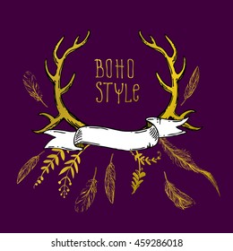 Beautiful hand drawn vector illustration set of boho style gold labels. Use for postcards, print for t-shirts, posters, wedding invitation, tissue, linens