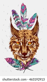 Beautiful hand drawn vector illustration sketching of lynx. Boho style drawing. Use for postcards, print for t-shirts, posters.
