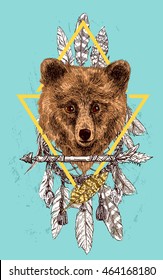 Beautiful hand drawn vector illustration sketching of bear. Tattoo style drawing. Use for postcards, print for t-shirts, posters.