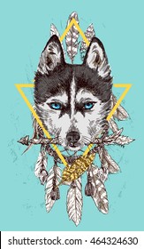 Beautiful hand drawn vector illustration sketching of husky. Boho style drawing. Use for postcards, print for t-shirts, posters.
