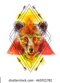 Beautiful hand drawn vector illustration sketching of bear. Tattoo style drawing. Use for postcards, print for t-shirts, posters.