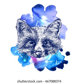 Beautiful hand drawn vector illustration sketching of fox on space watercolor background. Tattoo style drawing. Use for postcards, print for t-shirts, posters, case for smartphone