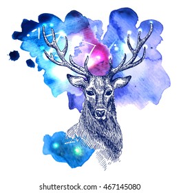Hermosa ilustración vectorial dibujada a mano esbozando ciervos fondo de color de agua del espacio. Dibujo estilo tatuaje. Usar para postales, imprimir para camisetas, afiches, maleta para smartphones