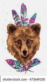 Beautiful hand drawn vector illustration sketching of bear. Tattoo style drawing. Use for postcards, print for t-shirts, posters.