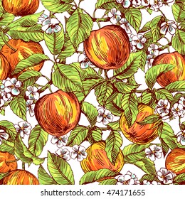 Beautiful hand drawn vector illustration sketching of apples. Boho style floral seamless pattern. Use for postcards, print for t-shirts, posters, wedding invitation, tissue, linens