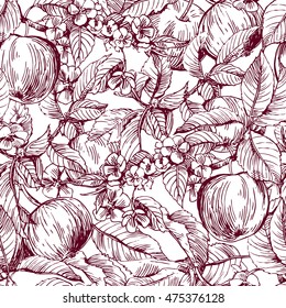 Beautiful hand drawn vector illustration sketching of apples. Boho style floral seamless pattern. Use for postcards, print for t-shirts, posters, wedding invitation, tissue, linens