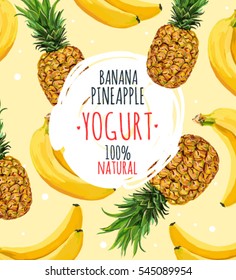 Hermosa ilustración vectorial hecha a mano con banana y piña, salpicaduras de leche. Logo de Yogurt en el fondo amarillo.