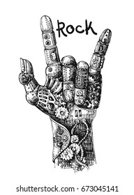 Beautiful hand drawn vector illustration mechanical hand. Rock style. Good for invitations, covers for smartphones, textiles, t-shirts, postcards, rock festival.