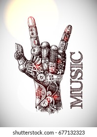 Beautiful hand drawn vector illustration mechanical hand. Rock style. Good for invitations, covers for smartphones, textiles, t-shirts, postcards, rock festival.