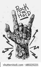 Beautiful hand drawn vector illustration mechanical hand. Rock style. Good for invitations, covers for smartphones, textiles, t-shirts, postcards, rock festival.