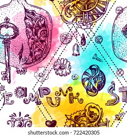 Beautiful hand drawn vector illustration mechanical pomegranate. Steampunk style. Good for invitations, covers for smartphones, textiles, t-shirts, postcards, rock festival.