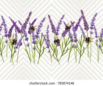Beautiful hand drawn vector lavender flower seamless pattern with bumblebee insects. Isolated objects on white background. Perfect for wallpapers, web page backgrounds, surface textures, textile.