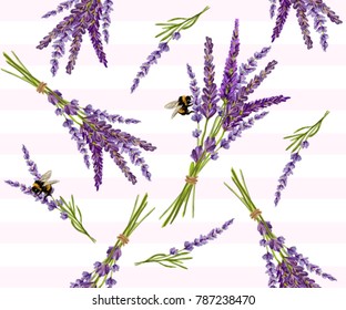 Beautiful hand drawn vector lavender flower seamless pattern with bumblebee insects. Isolated objects on white background. Perfect for wallpapers, web page backgrounds, surface textures, textile.