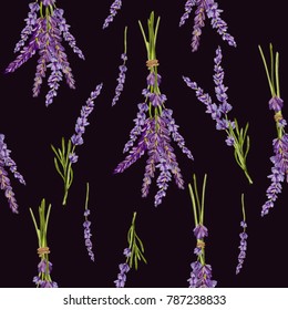 Beautiful hand drawn vector lavender flower seamless pattern. Isolated objects on black  background. Perfect for wallpapers, web page backgrounds, surface textures, textile.