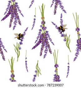 Beautiful hand drawn vector lavender flower seamless pattern with bumblebee insects. Isolated objects on white background. Perfect for wallpapers, web page backgrounds, surface textures, textile.