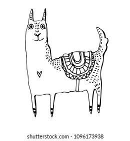 Beautiful hand drawn vector monochrome illustration of llama in scandinavian style isolated on white. Simple sweet kids nursery illustration. Graphic design for apparel print.